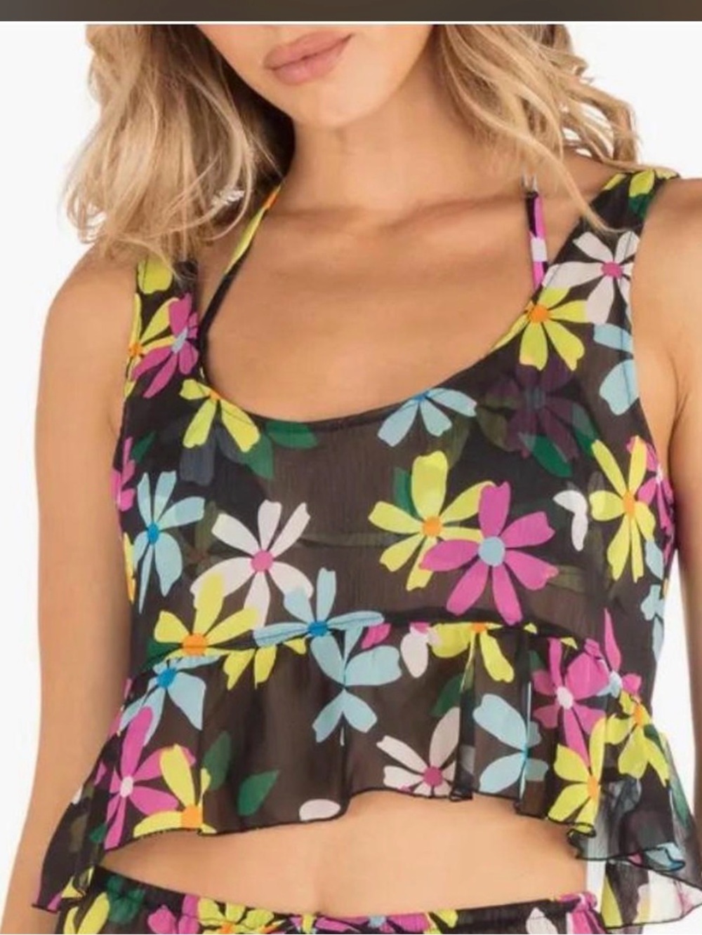 Hurley Sheer Black Multicolor Floral Ruffle Crop Tank